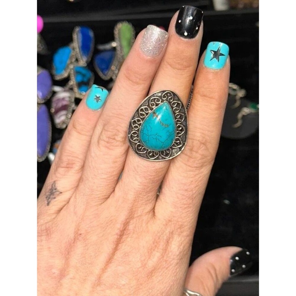 Turquoise Teardrop Sterling Silver Overlay Ring Size 8